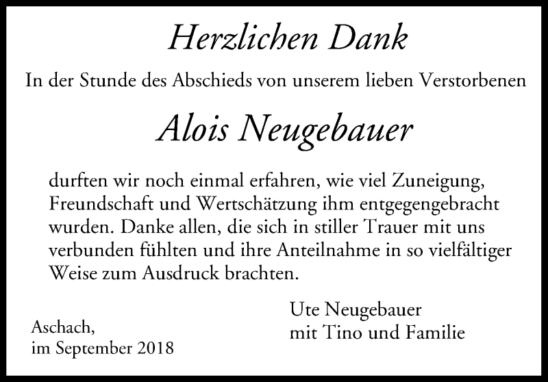  Traueranzeige für Alois Neugebauer vom 29.09.2018 aus MGO