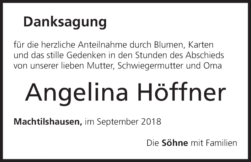  Traueranzeige für Angelina Höffner vom 15.09.2018 aus MGO