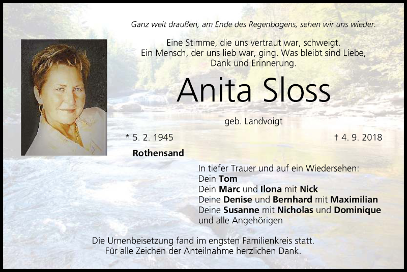  Traueranzeige für Anita Sloss vom 29.09.2018 aus MGO