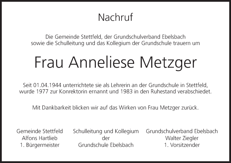  Traueranzeige für Anneliese Metzger vom 21.09.2018 aus MGO