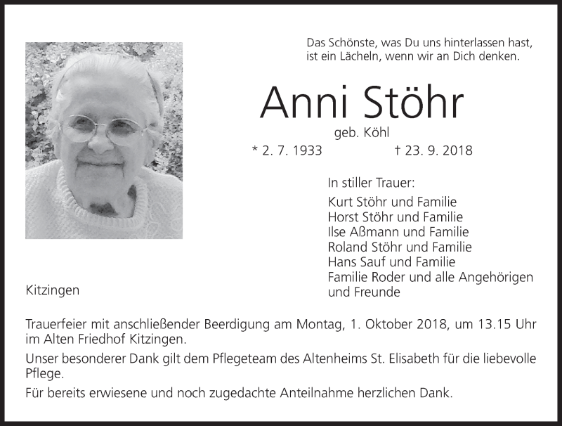  Traueranzeige für Anni Stöhr vom 27.09.2018 aus MGO