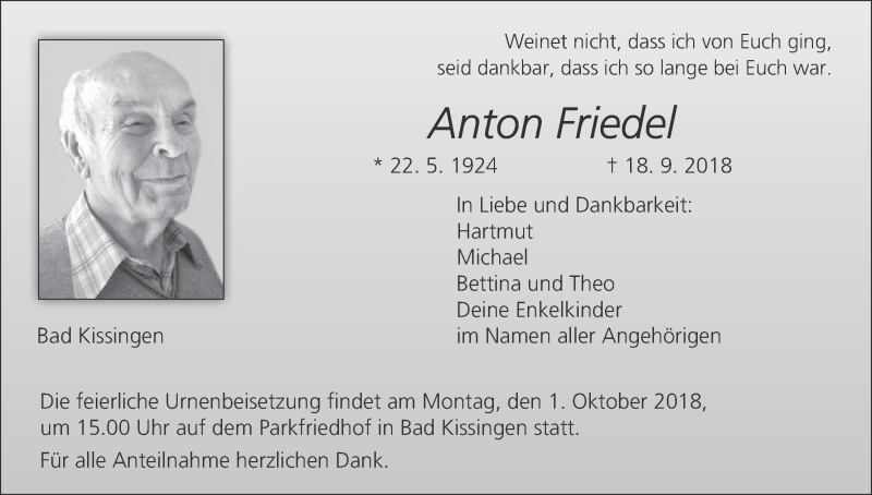  Traueranzeige für Anton Friedel vom 26.09.2018 aus MGO