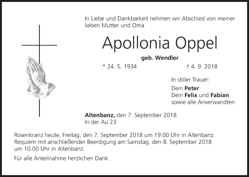  Traueranzeige für Apollonia Oppel vom 07.09.2018 aus MGO