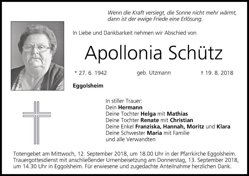  Traueranzeige für Apollonia Schütz vom 08.09.2018 aus MGO