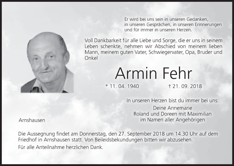  Traueranzeige für Armin Fehr vom 25.09.2018 aus MGO