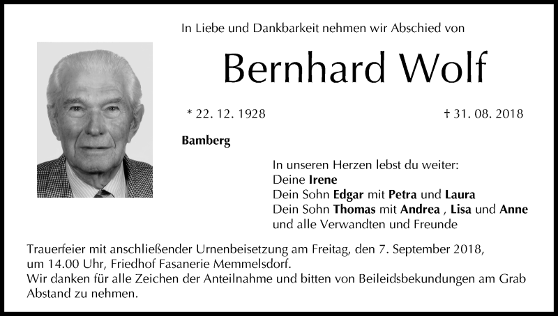  Traueranzeige für Bernhard Wolf vom 04.09.2018 aus MGO