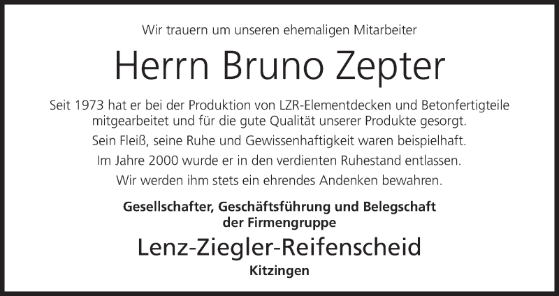  Traueranzeige für Bruno Zepter vom 12.09.2018 aus MGO