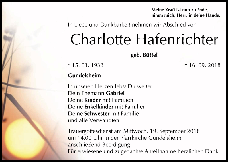  Traueranzeige für Charlotte Hafenrichter vom 18.09.2018 aus MGO