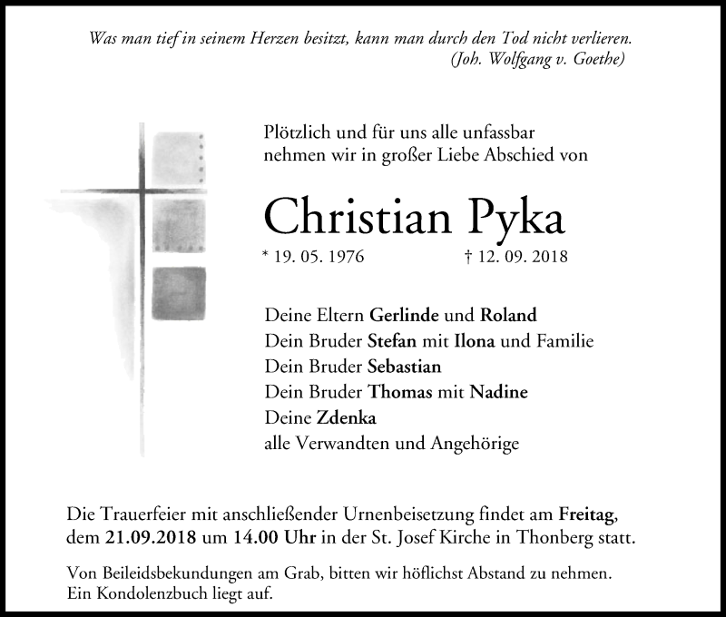  Traueranzeige für Christian Pyka vom 19.09.2018 aus MGO