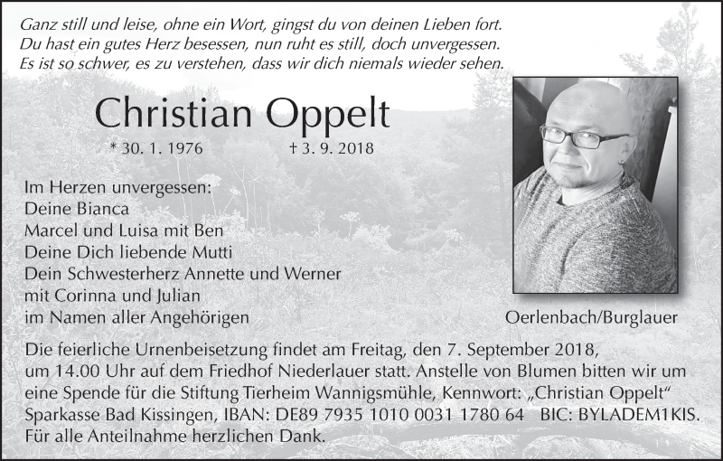 Traueranzeige für Christioan Oppelt vom 06.09.2018 aus MGO
