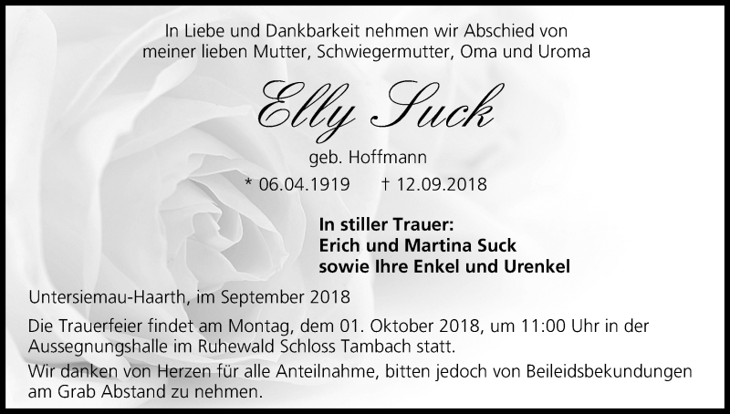  Traueranzeige für Elly Suck vom 28.09.2018 aus MGO