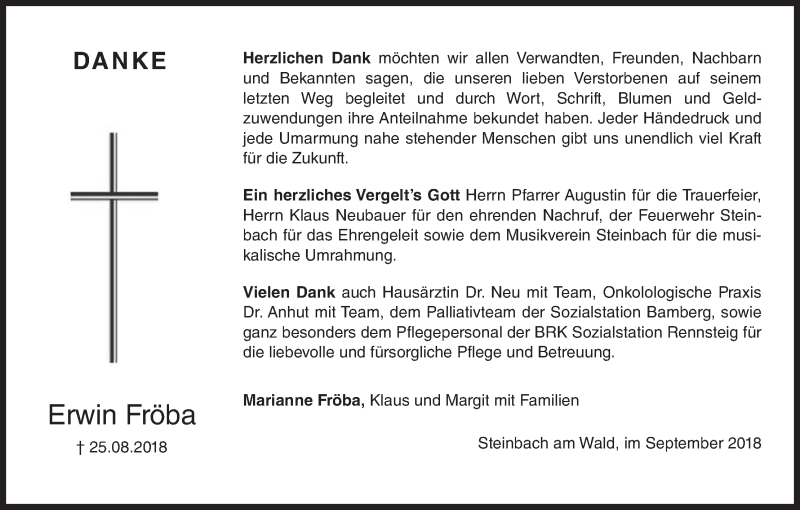  Traueranzeige für Erwin Fröba vom 08.09.2018 aus MGO