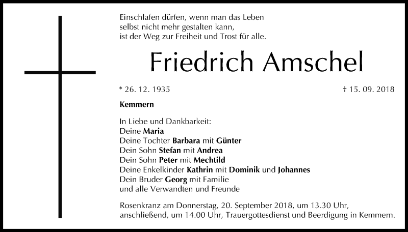  Traueranzeige für Friedrich Amschel vom 18.09.2018 aus MGO