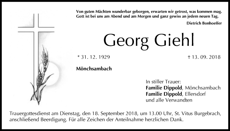  Traueranzeige für Georg Giehl vom 15.09.2018 aus MGO