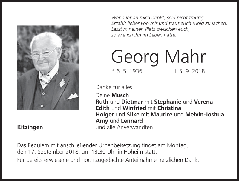  Traueranzeige für Georg Mahr vom 14.09.2018 aus MGO