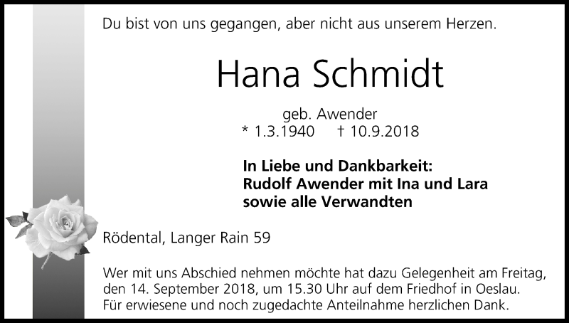  Traueranzeige für Hana Schmidt vom 12.09.2018 aus MGO