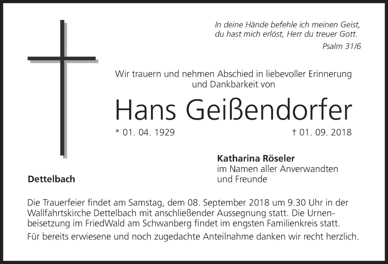  Traueranzeige für Hans Geißendorfer vom 05.09.2018 aus MGO