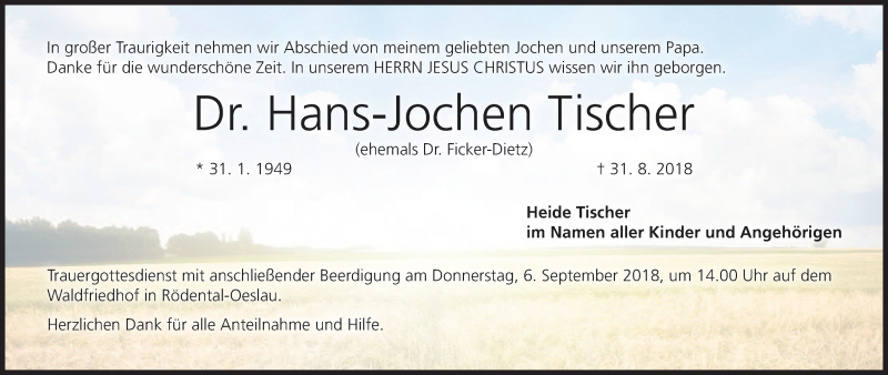  Traueranzeige für Hans-Jochen Tischer vom 04.09.2018 aus MGO