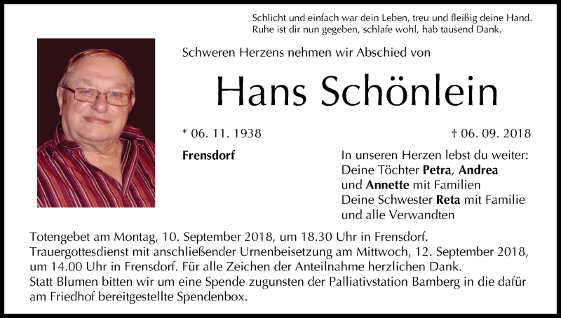  Traueranzeige für Hans Schönlein vom 08.09.2018 aus MGO