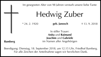 Anzeige von Hedwig Zuber von MGO