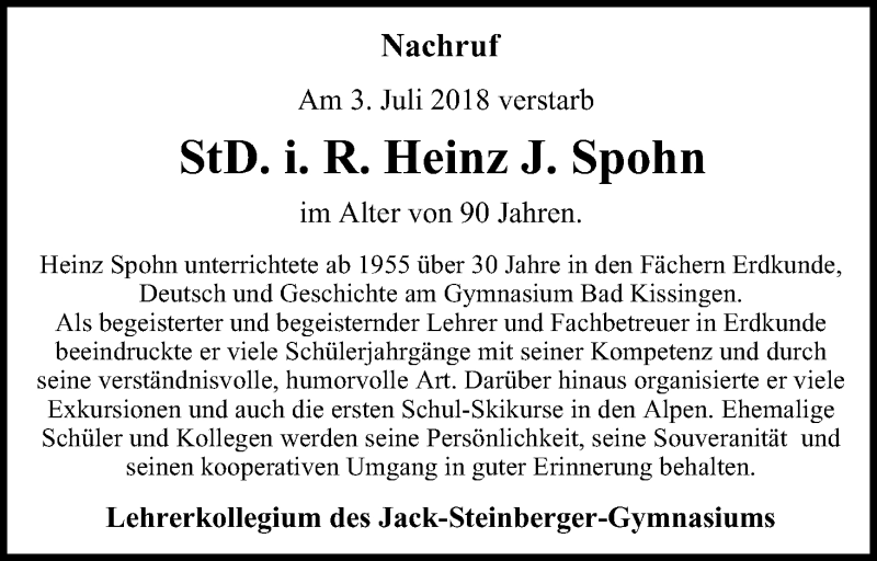  Traueranzeige für Heinz J. Spohn vom 08.09.2018 aus MGO