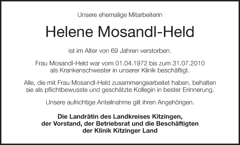  Traueranzeige für Helene Mosandl-Held vom 08.09.2018 aus MGO