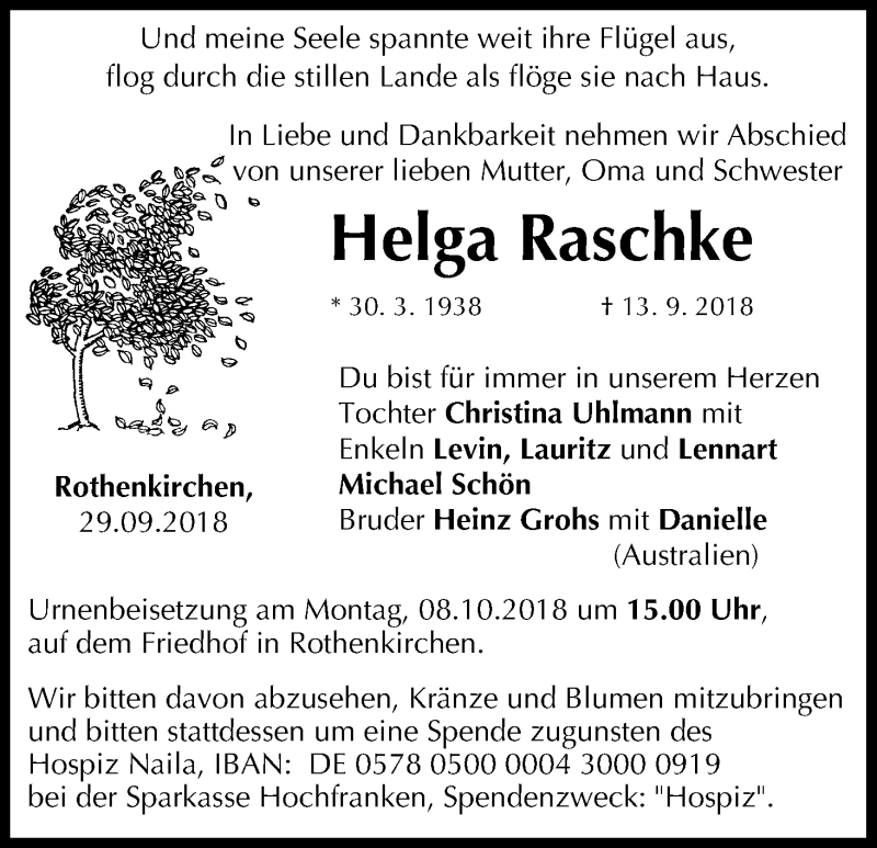  Traueranzeige für Helga Raschke vom 29.09.2018 aus MGO