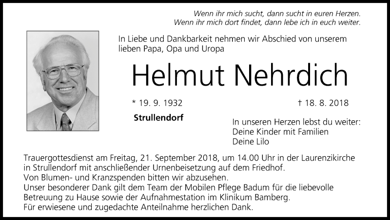  Traueranzeige für Helmut Nehrdich vom 15.09.2018 aus MGO