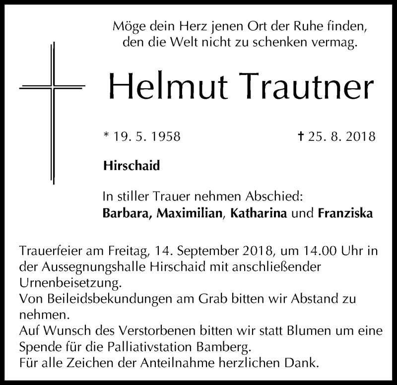  Traueranzeige für Helmut Trautner vom 10.09.2018 aus MGO