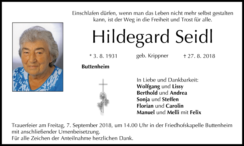  Traueranzeige für Hildegard Seidl vom 03.09.2018 aus MGO
