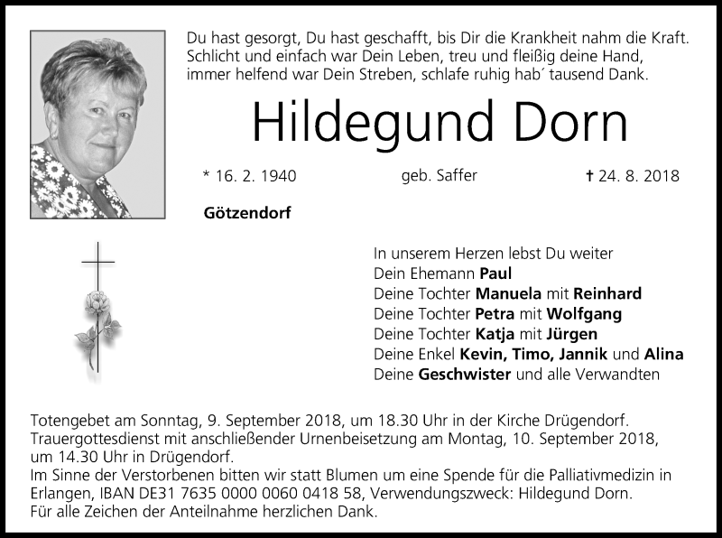  Traueranzeige für Hildegund Dorn vom 05.09.2018 aus MGO