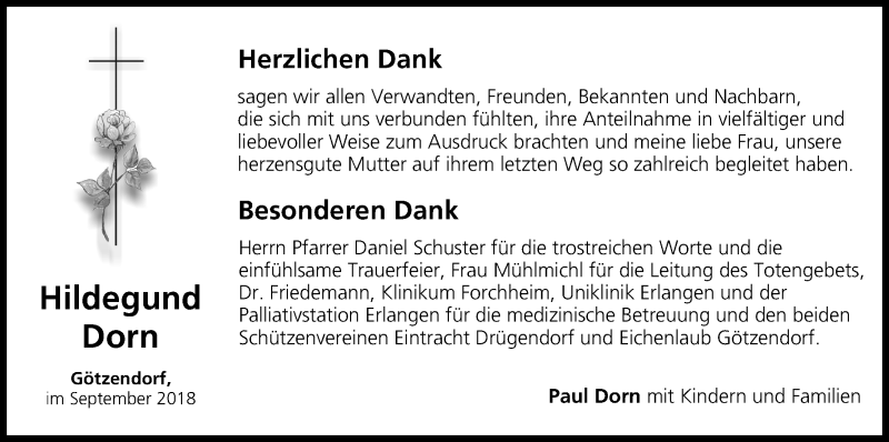  Traueranzeige für Hildegund Dorn vom 22.09.2018 aus MGO
