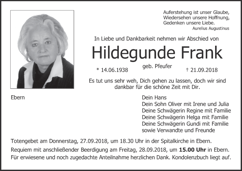  Traueranzeige für Hildegunde Frank vom 25.09.2018 aus MGO
