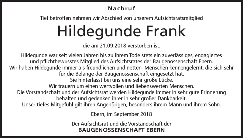  Traueranzeige für Hildegunde Frank vom 28.09.2018 aus MGO