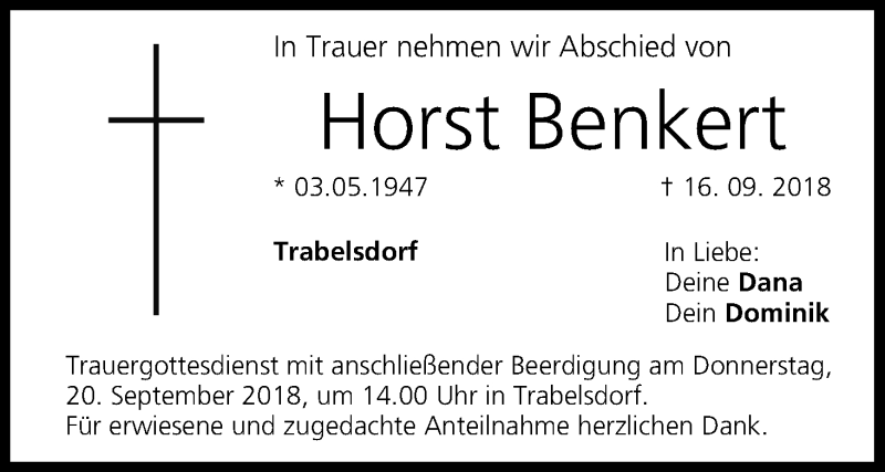  Traueranzeige für Horst Benkert vom 18.09.2018 aus MGO