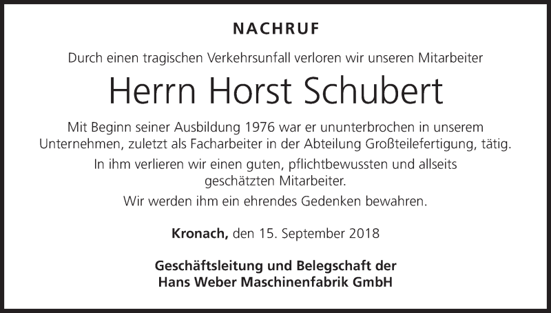  Traueranzeige für Horst Schubert vom 15.09.2018 aus MGO