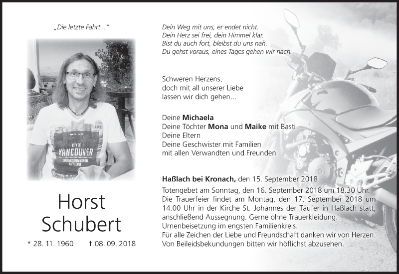  Traueranzeige für Horst Schubert vom 15.09.2018 aus MGO
