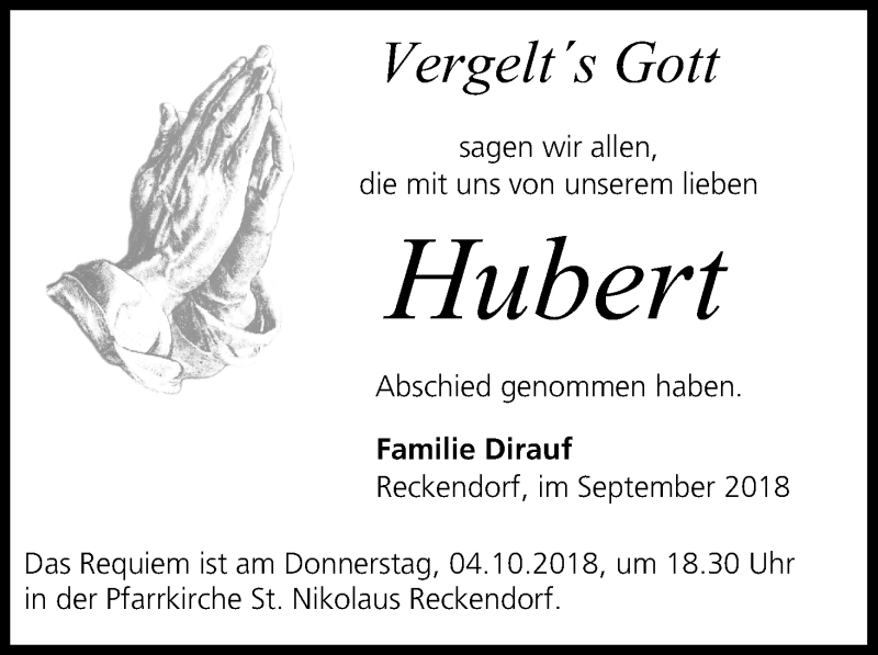 Traueranzeige für Hubert  vom 29.09.2018 aus MGO