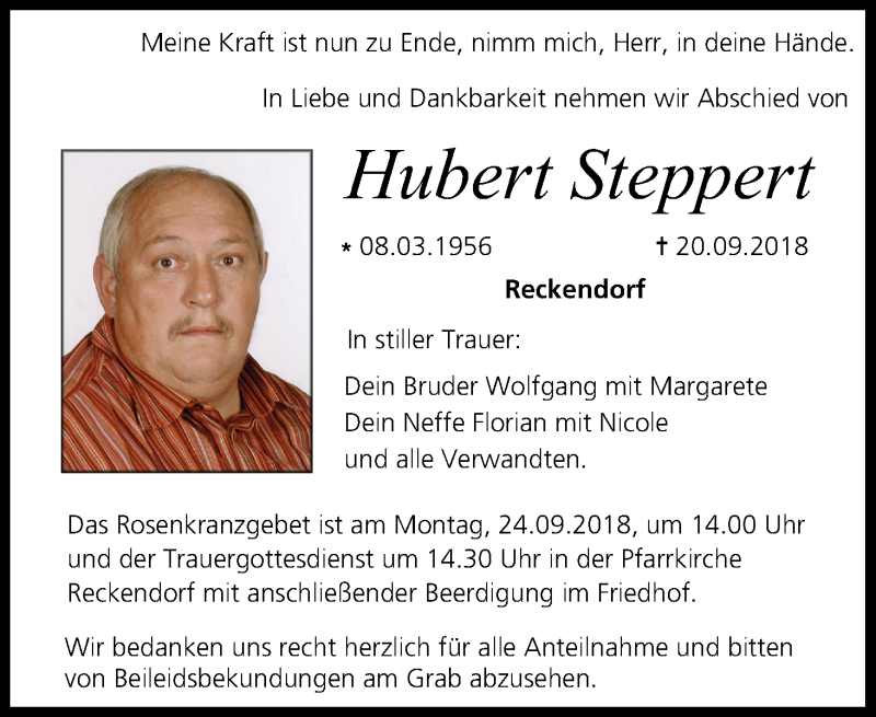  Traueranzeige für Hubert Steppert vom 22.09.2018 aus MGO