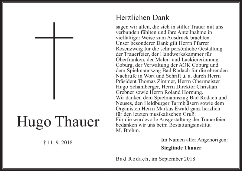  Traueranzeige für Hugo Thauer vom 29.09.2018 aus MGO