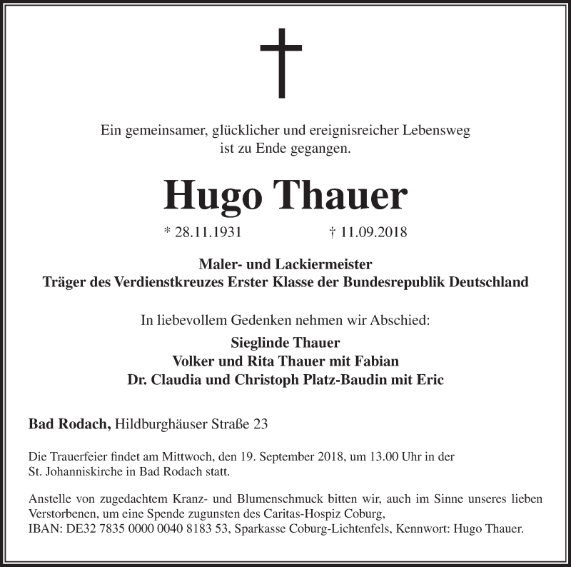  Traueranzeige für Hugo Thauer vom 15.09.2018 aus MGO