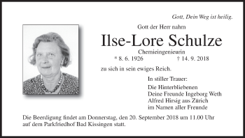 Anzeige von Ilse-Lore Schulze von MGO