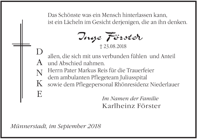  Traueranzeige für Inge Förster vom 15.09.2018 aus MGO
