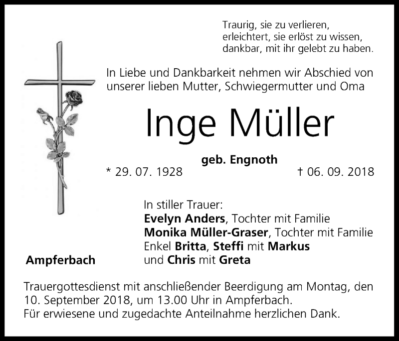  Traueranzeige für Inge Müller vom 07.09.2018 aus MGO