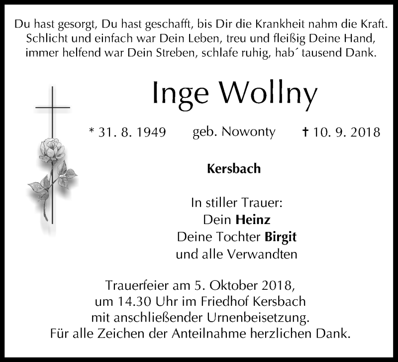  Traueranzeige für Inge Wollny vom 29.09.2018 aus MGO