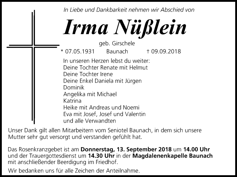 Traueranzeige für Irma Nüßlein vom 12.09.2018 aus MGO