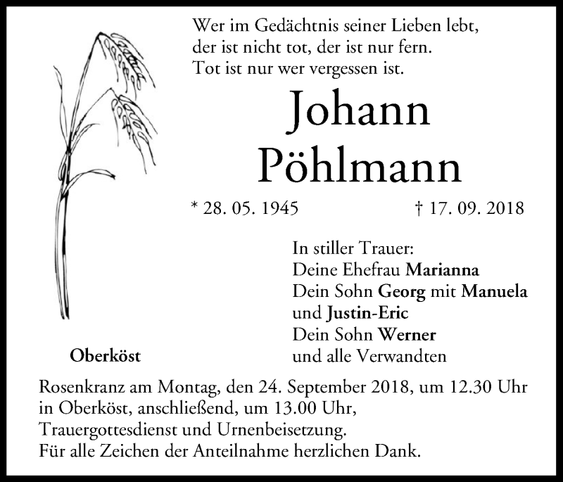  Traueranzeige für Johann Pöhlmann vom 19.09.2018 aus MGO