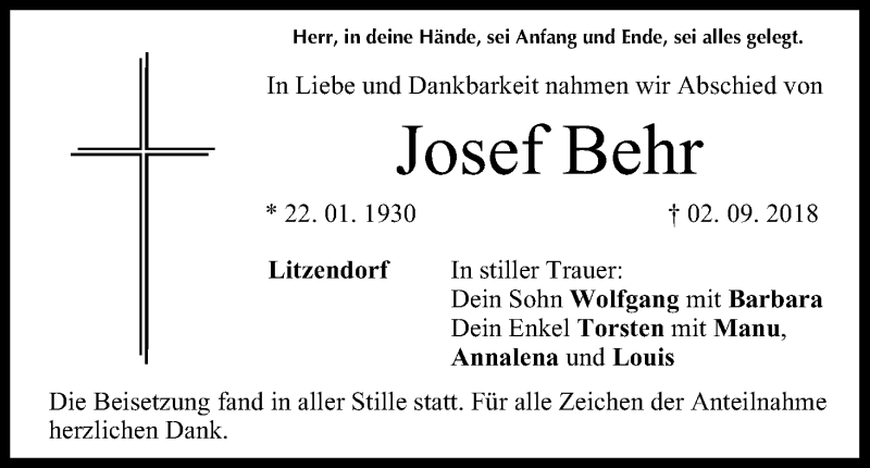  Traueranzeige für Josef Behr vom 08.09.2018 aus MGO
