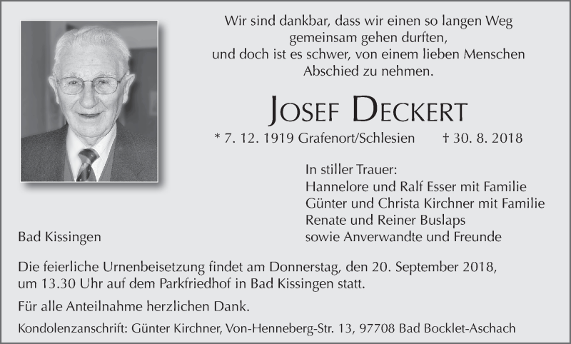  Traueranzeige für Josef Deckert vom 15.09.2018 aus MGO