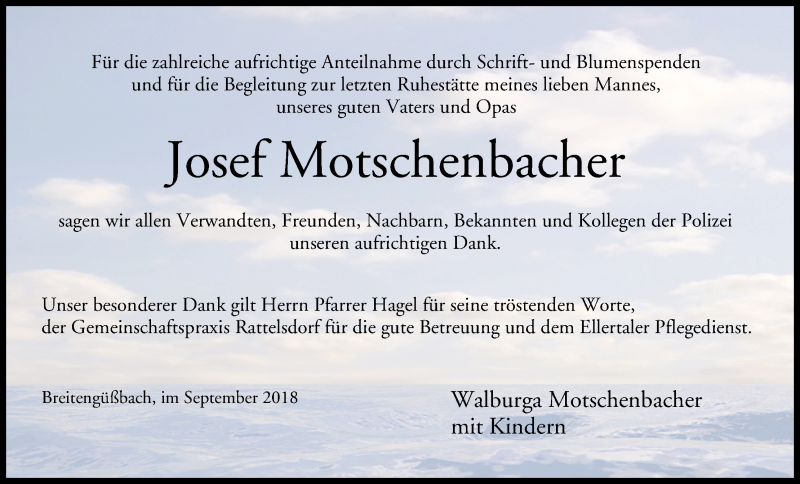  Traueranzeige für Josef Motschenbacher vom 15.09.2018 aus MGO